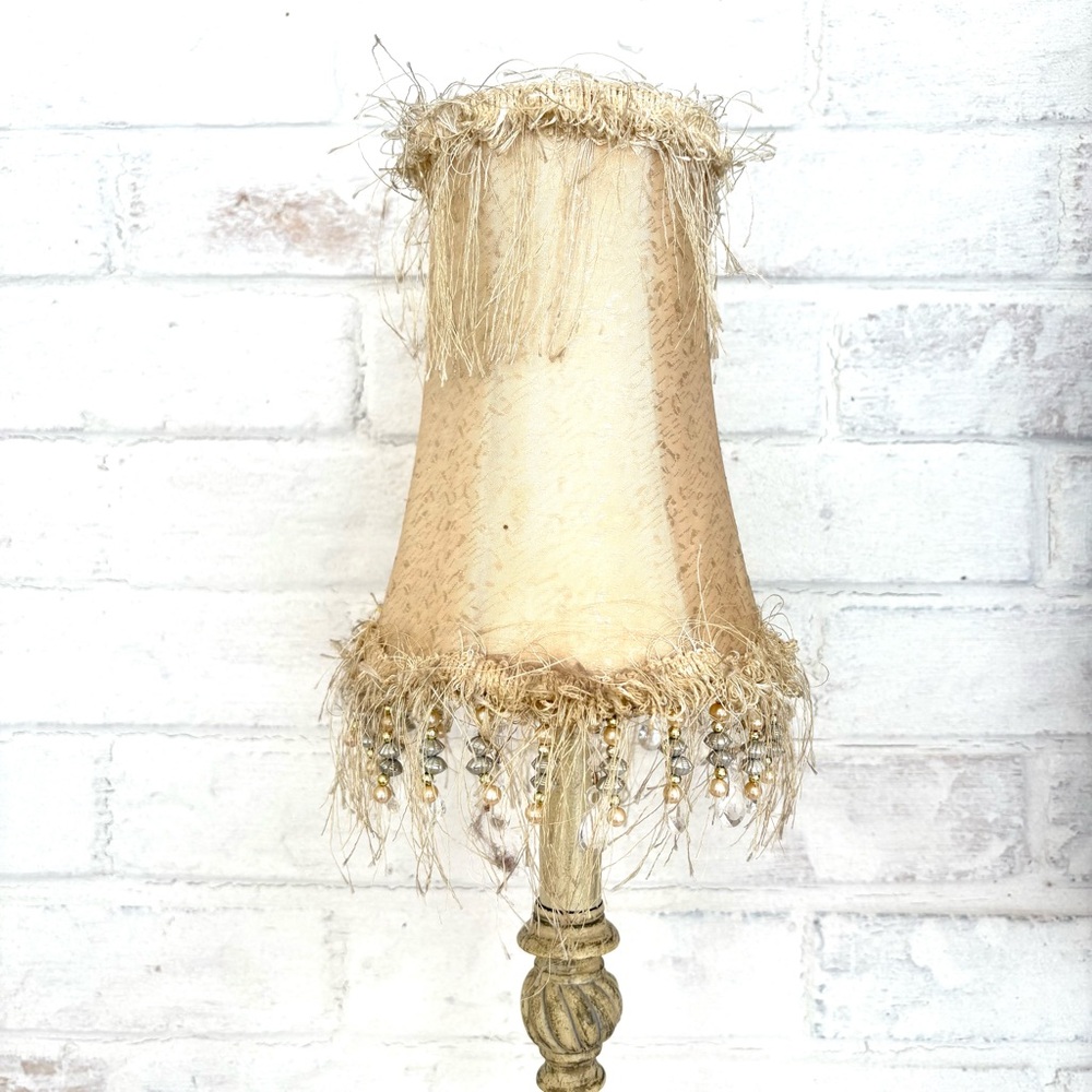Vintage Beige Fringed & Acrylic Chrystal Dangles Shade  8"  Has Stains